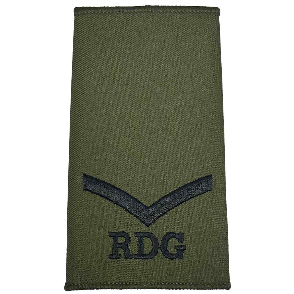 Royal Dragoon Guards Green Rank Slide with single black chevron and RDG text, crafted from durable Cordura for military apparel