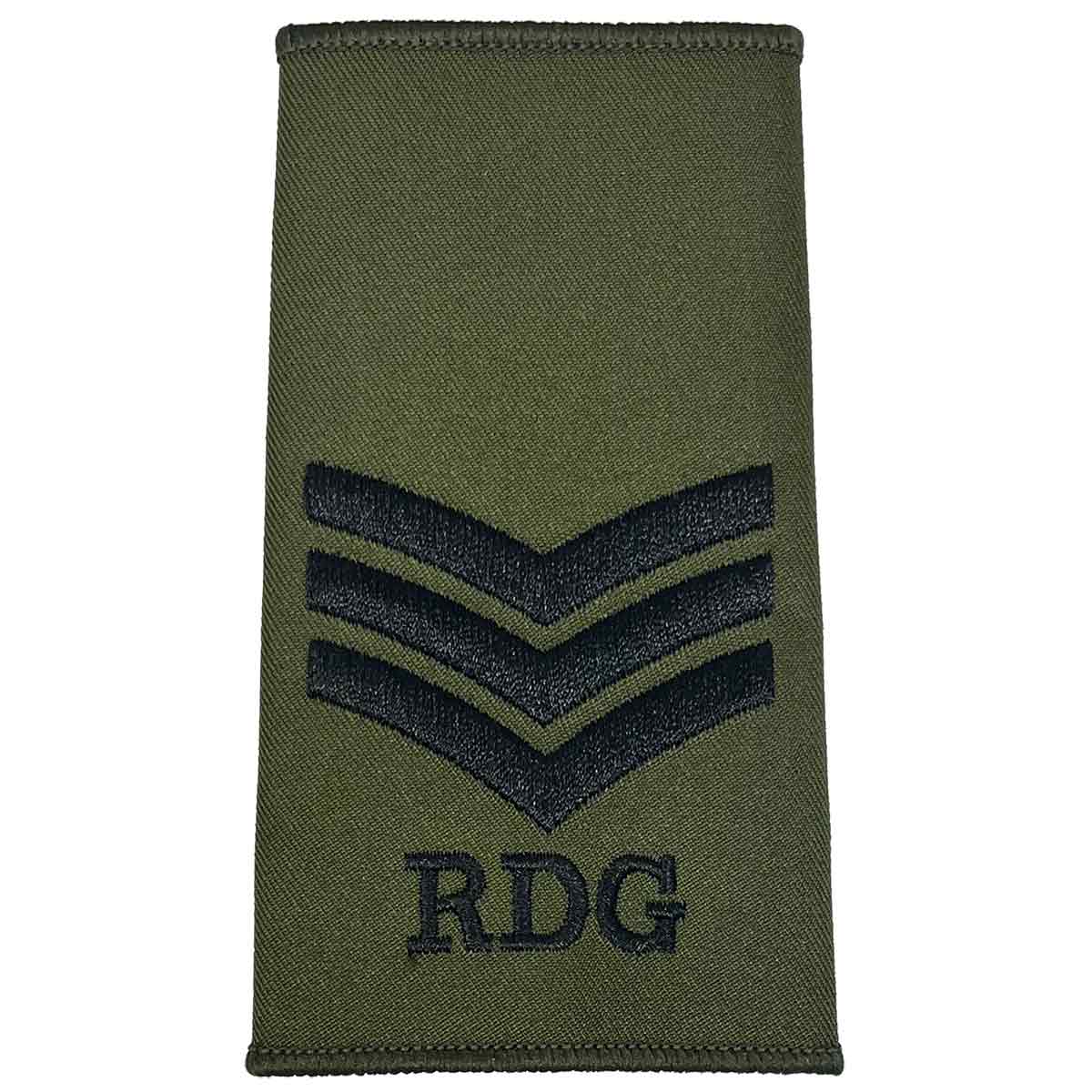 Royal Dragoon Guards Green Rank Slide with three black chevrons and RDG text, designed for military personnel uniforms