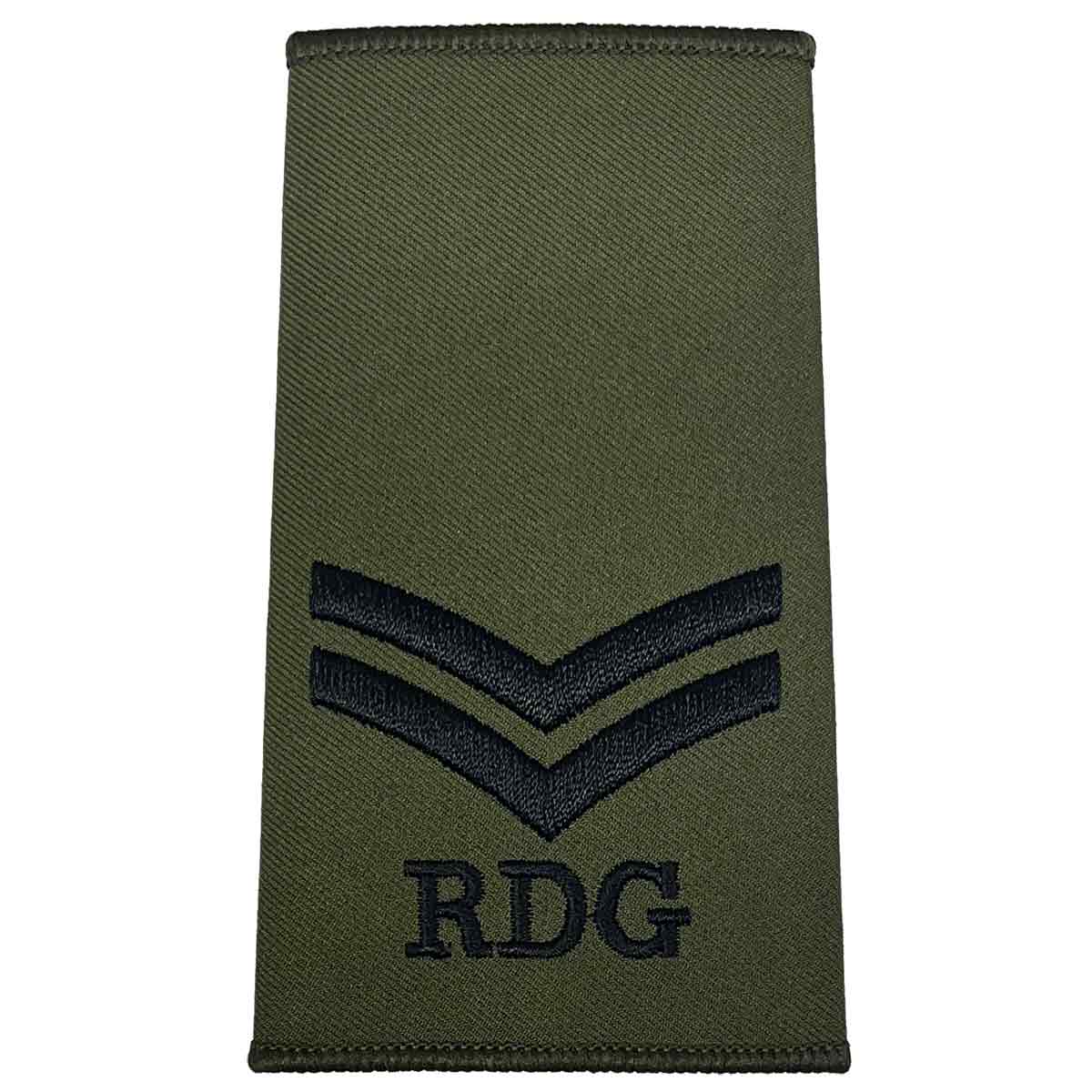 Royal Dragoon Guards Green Rank Slide with two black chevrons and RDG embroidery, suitable for military uniform rank identification