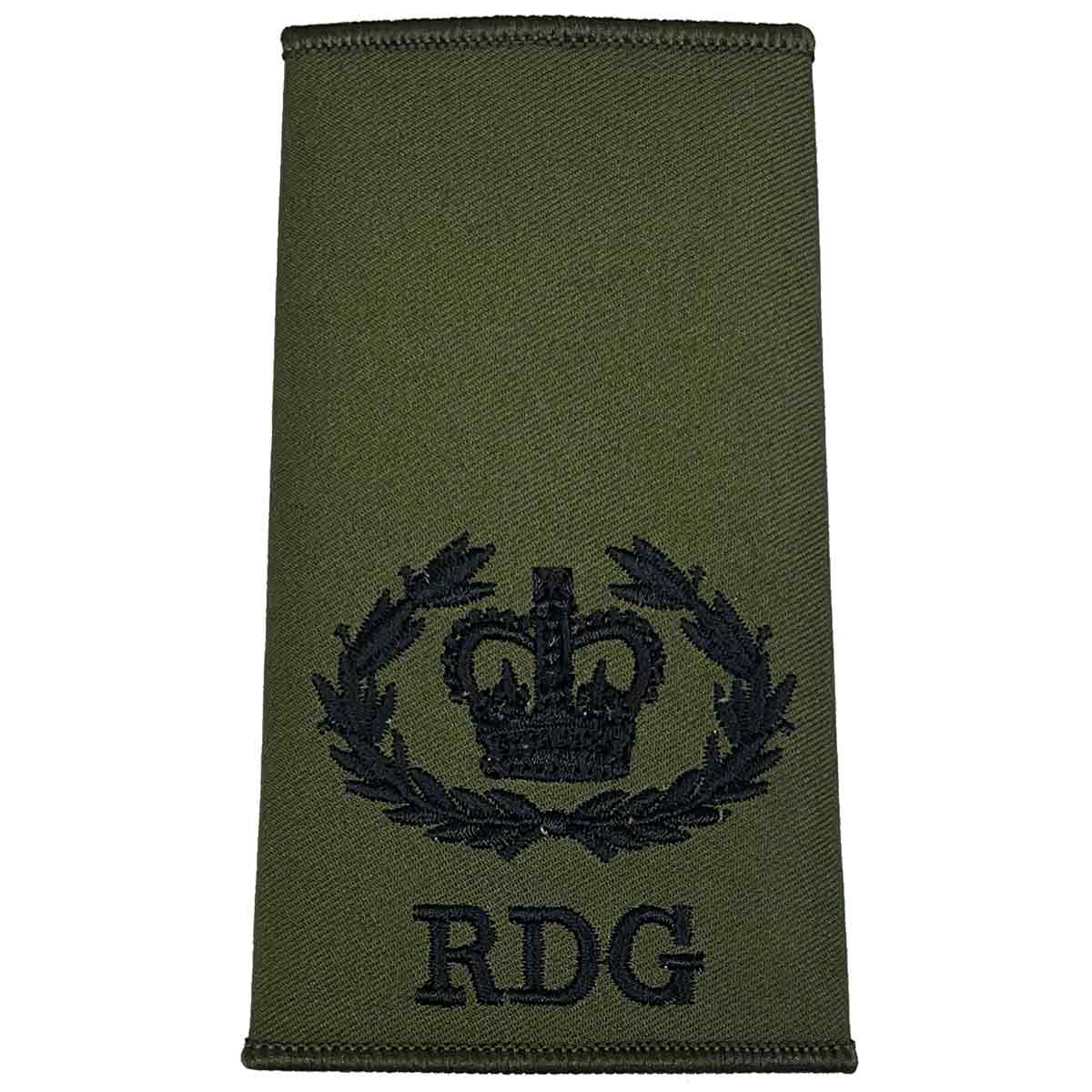 Royal Dragoon Guards Green Rank Slide with laurel crown insignia and RDG embroidery, ideal for formal military uniform display