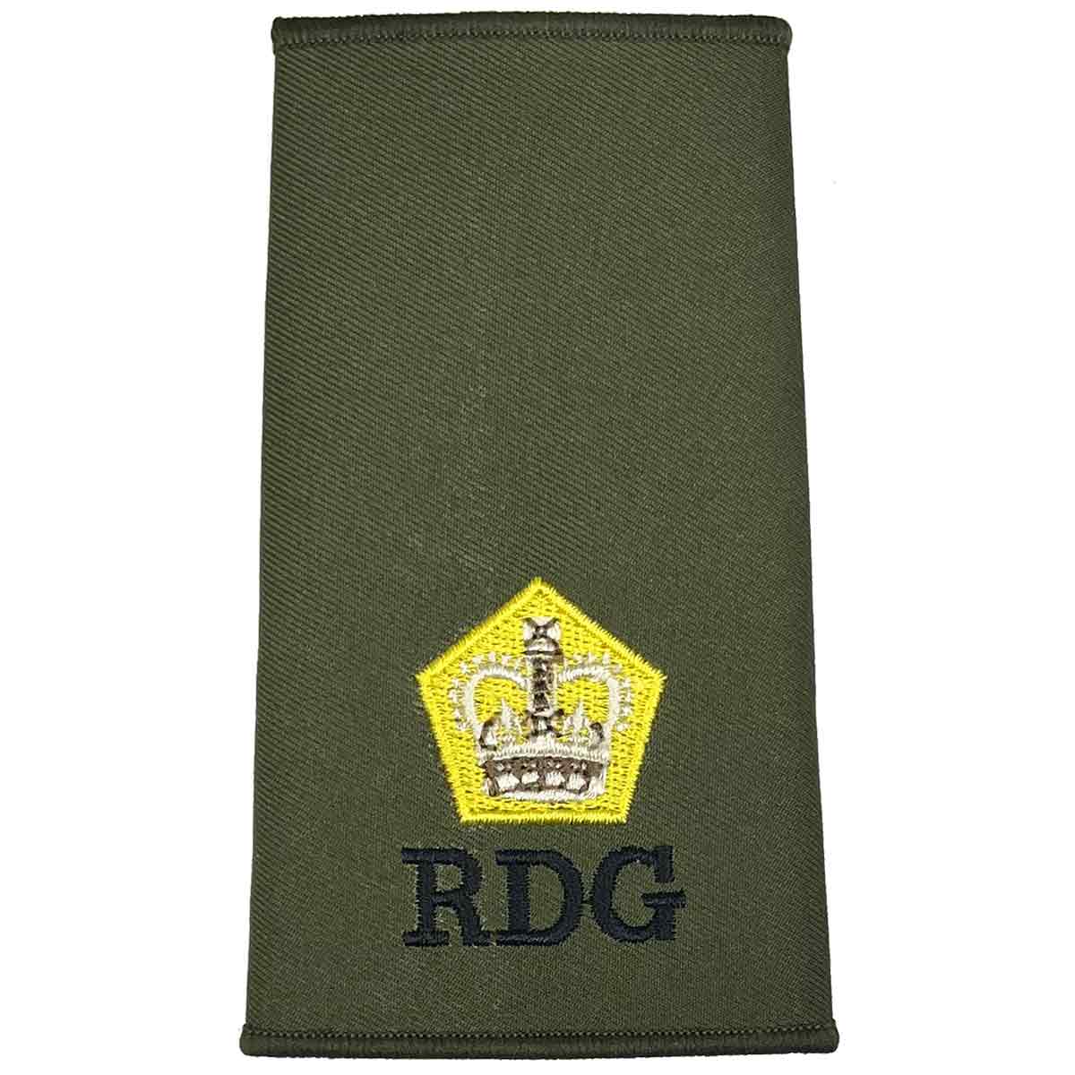 Royal Dragoon Guards Green Rank Slide with yellow crown emblem and RDG text, designed for officer military uniform use