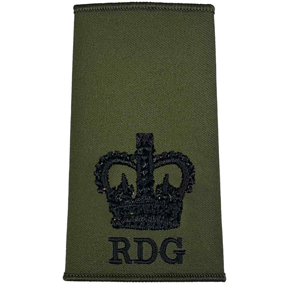 Royal Dragoon Guards Green Rank Slide featuring a black crown above RDG text, made from regulation olive green Cordura