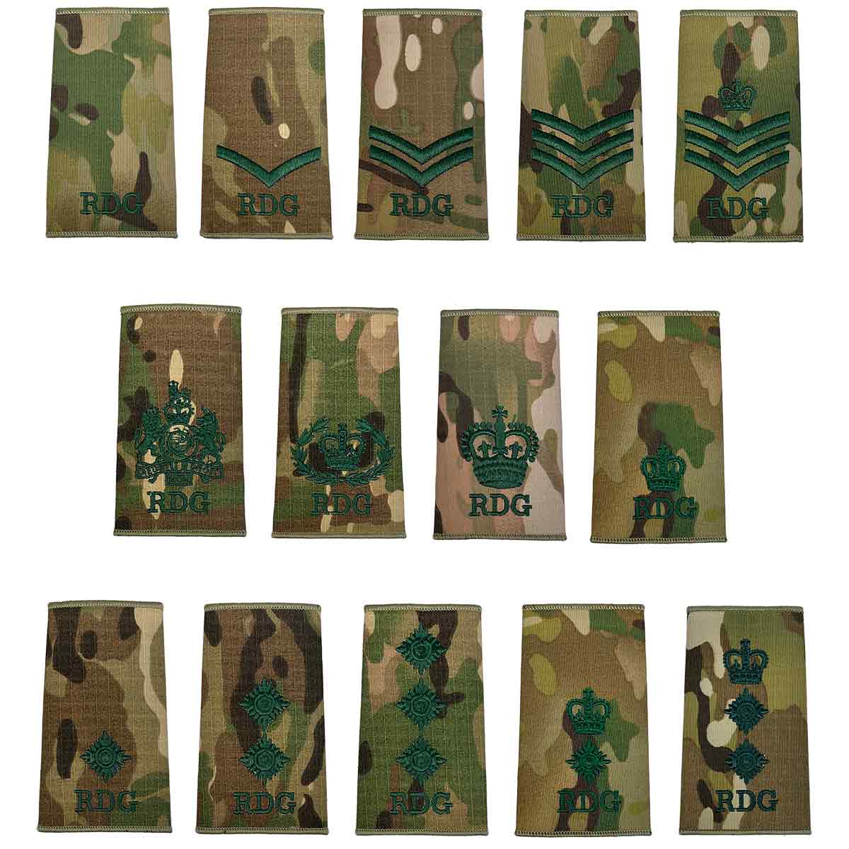Royal Dragoon Guards Rank Slides Multicam set featuring various embroidered ranks on regulation Multicam fabric, ideal for military uniforms.