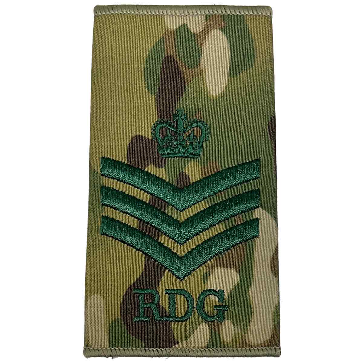 Royal Dragoon Guards Multicam rank slide with crown above three chevrons and RDG initials, indicating staff sergeant rank.