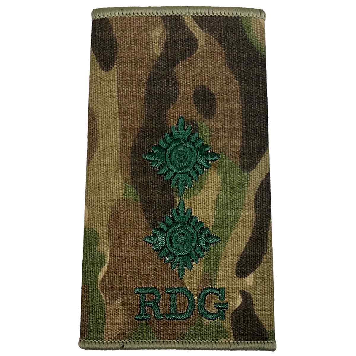 Royal Dragoon Guards Multicam rank slide with two star insignias and RDG initials, designed for field officer ranks.