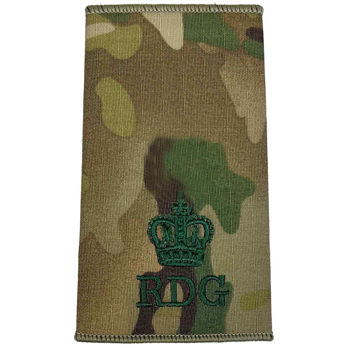 Royal Dragoon Guards Multicam rank slide with embroidered crown and RDG initials, used for officer ranks in military uniforms.
