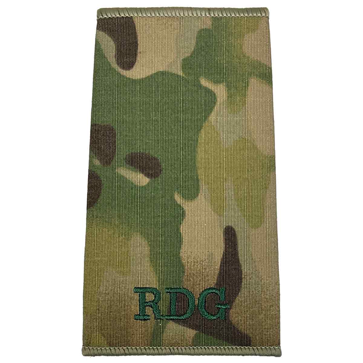 Royal Dragoon Guards Multicam rank slide with RDG initials embroidered in dark green on Cordura fabric, perfect for military apparel.