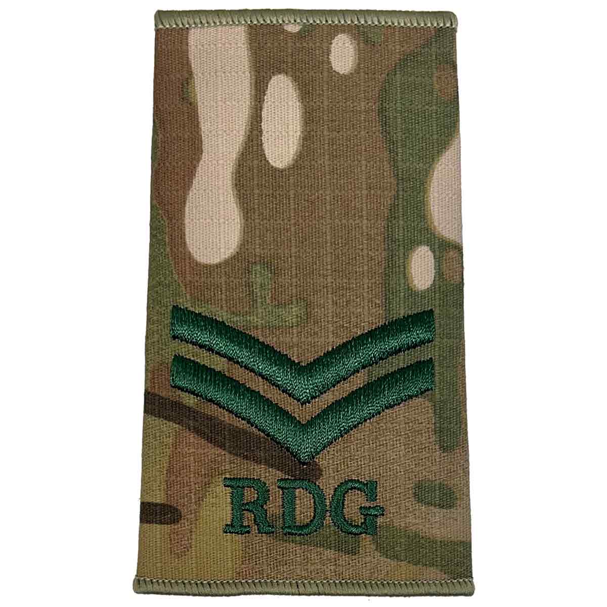 Royal Dragoon Guards Multicam rank slide with two chevrons and RDG initials, designed for corporal rank in military uniforms.