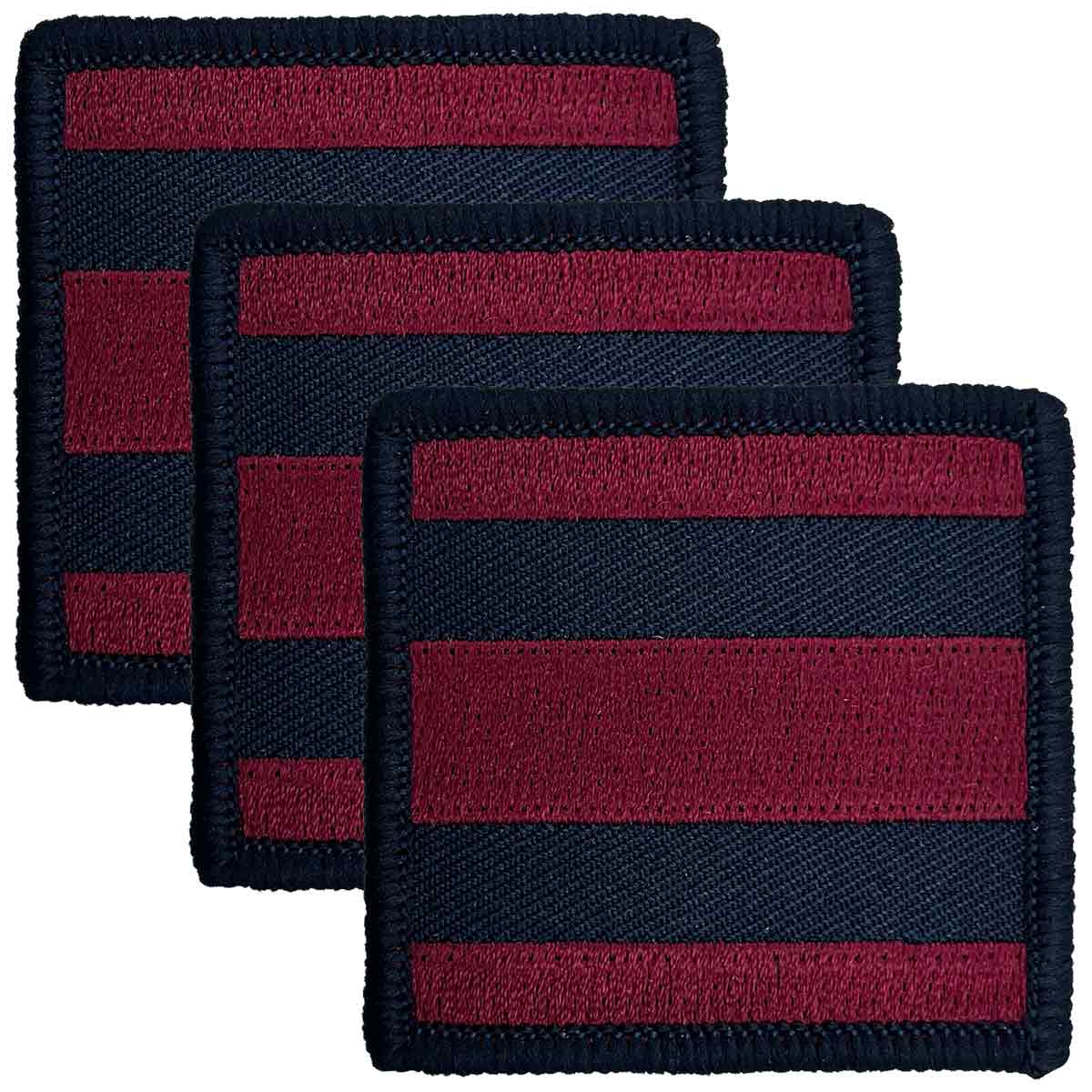 Royal Engineers TRF Hook & Loop Backing patches in a set of three, featuring red and blue regimental colors. Ideal for military uniforms.