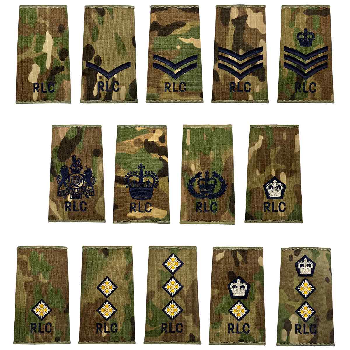 Royal Logistic Corps Multicam Rank Slides | John Bulls featuring a full set of embroidered military ranks on camouflage Cordura fabric, sold in pairs.