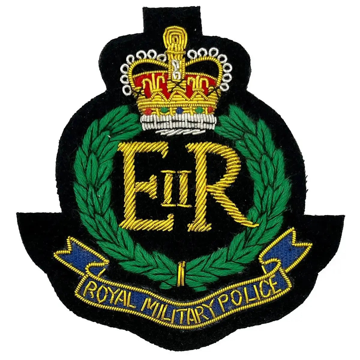 Royal Military Police Blazer Badge featuring gold wire bullion embroidery with crown, laurel wreath, and blue banner on black felt backing.