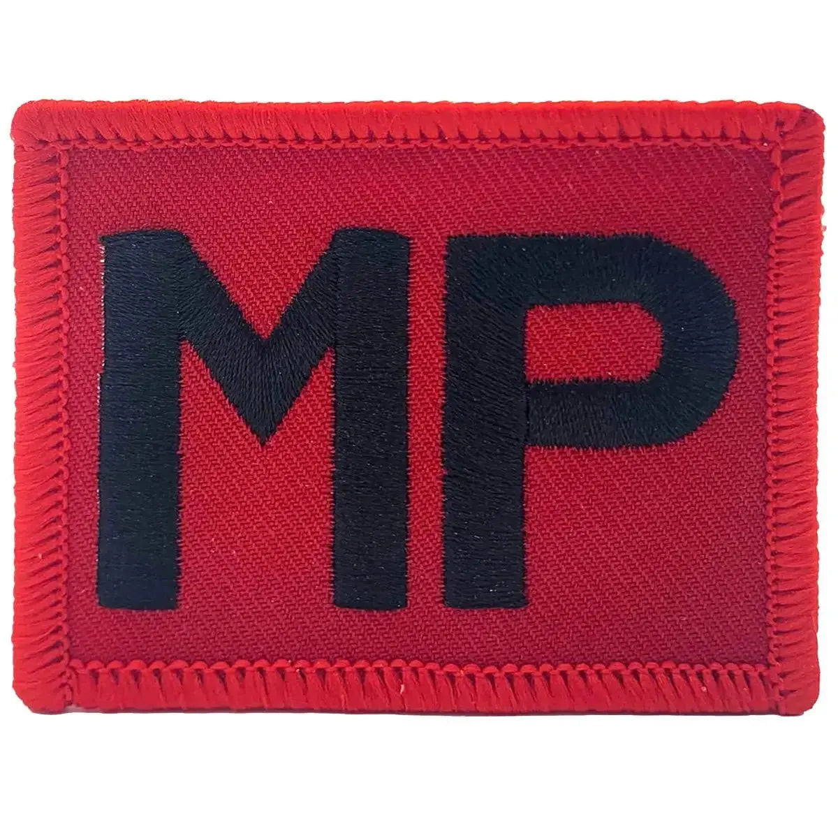 Single Royal Military Police TRF patch in red with bold black MP embroidery, iron or sew on for uniform application.