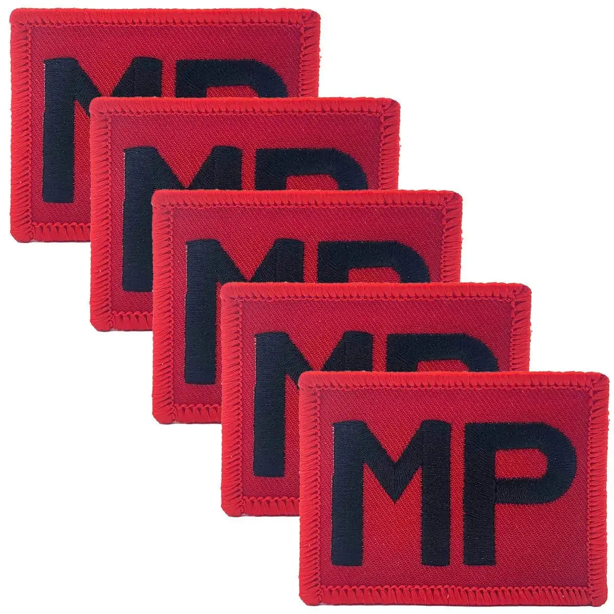 Set of five Royal Military Police TRF patches in red with black MP letters, iron or sew on for military apparel.