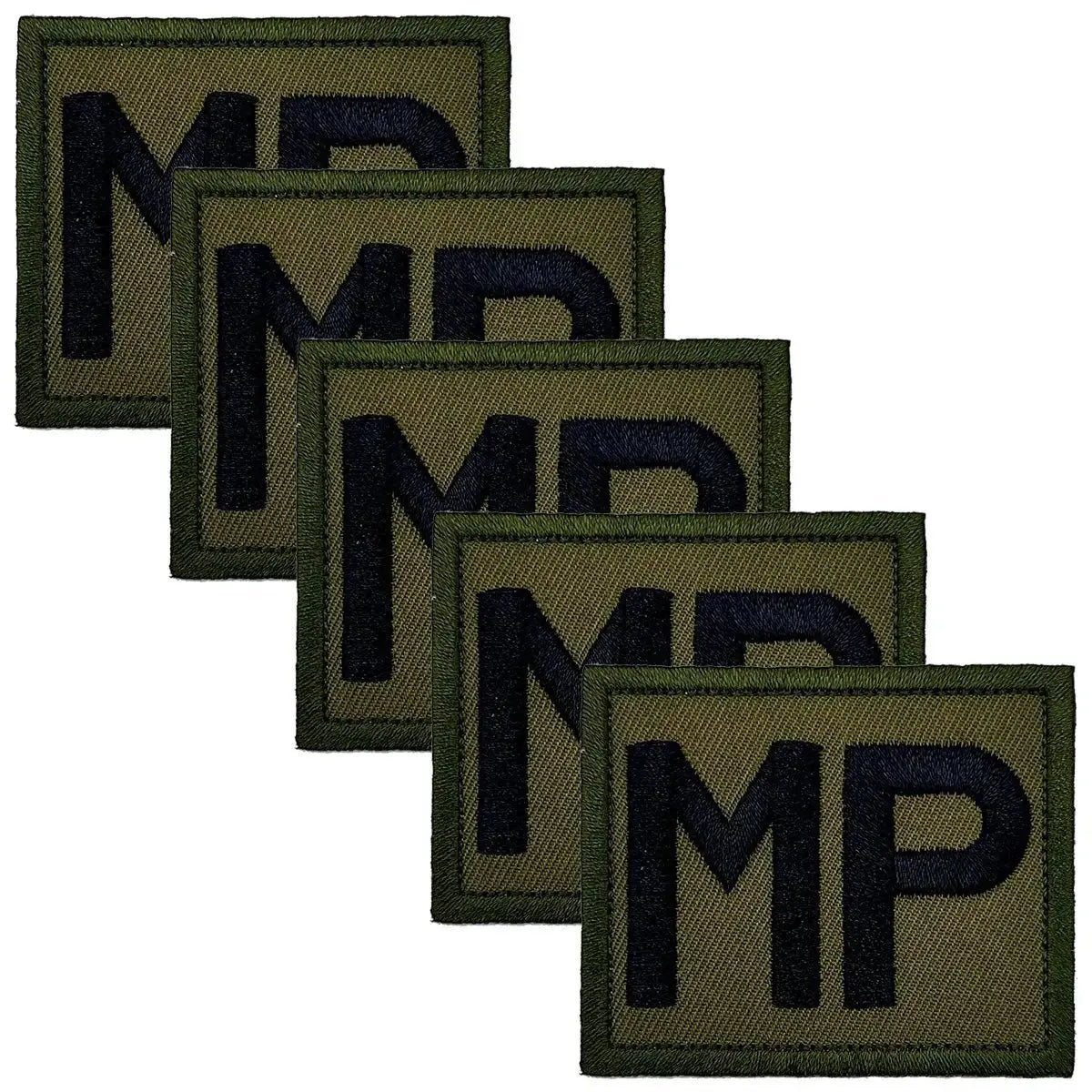 Pack of five Royal Military Police TRF patches in subdued green, iron or sew on design with black MP lettering.
