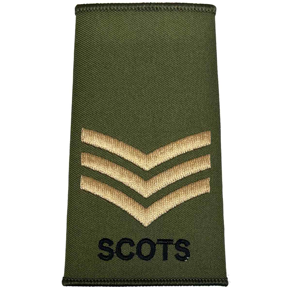Royal Regiment of Scotland olive rank slide with three gold chevrons and 'SCOTS' text, indicating Sergeant rank.