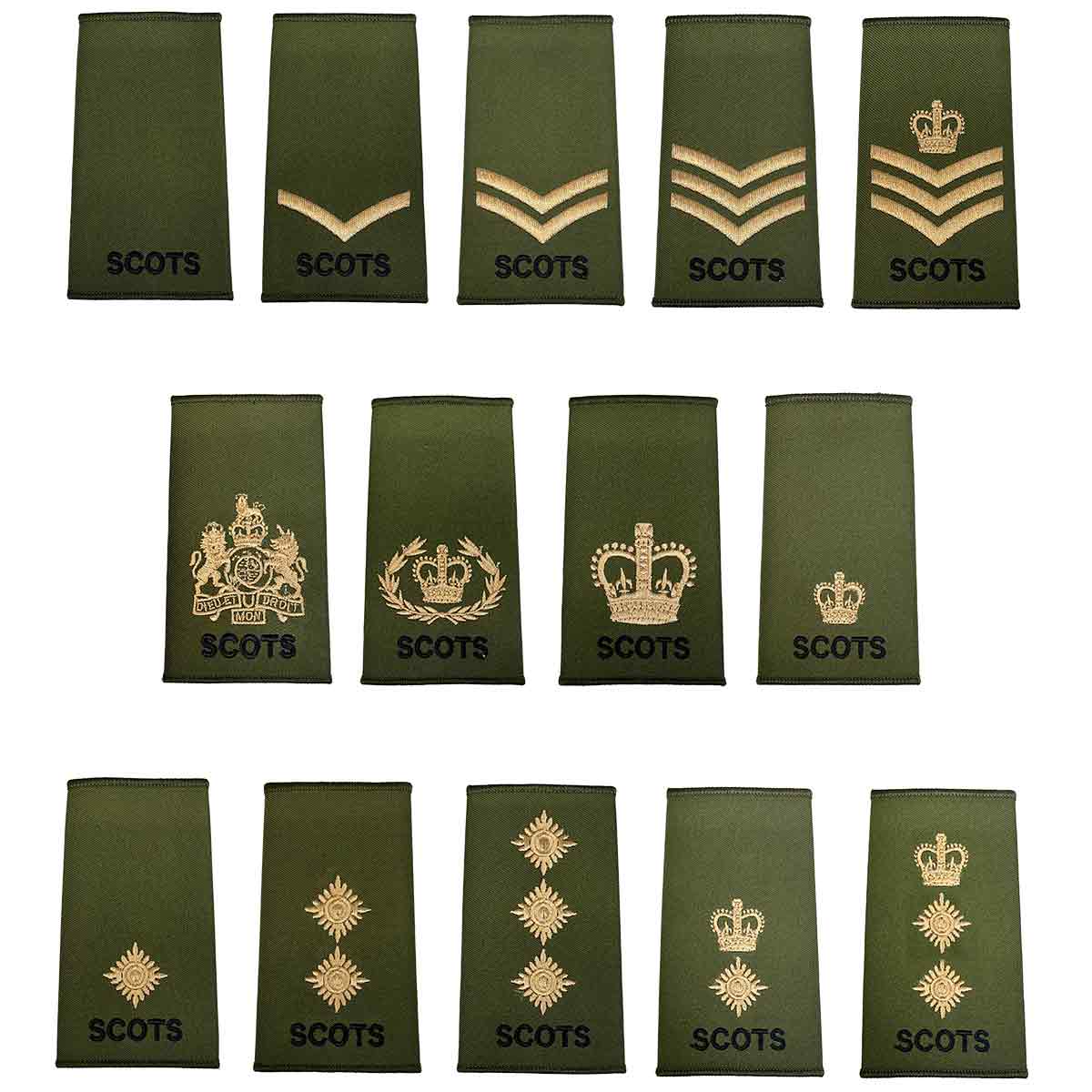 Royal Regiment of Scotland olive rank slides set with various embroidered insignia in gold and black, ideal for military uniforms.