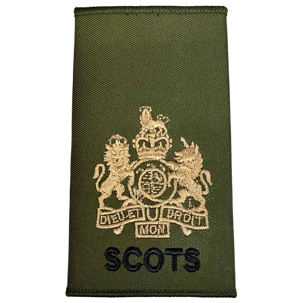 Royal Regiment of Scotland olive rank slide with detailed gold embroidered royal coat of arms and 'SCOTS' text.