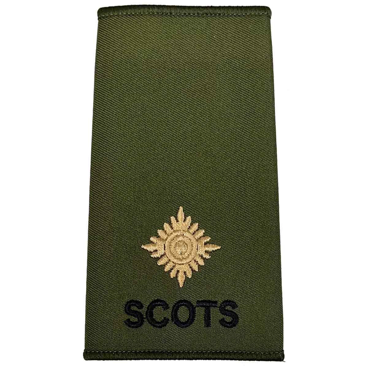 Royal Regiment of Scotland olive rank slide with single gold star and 'SCOTS' text, representing Second Lieutenant.