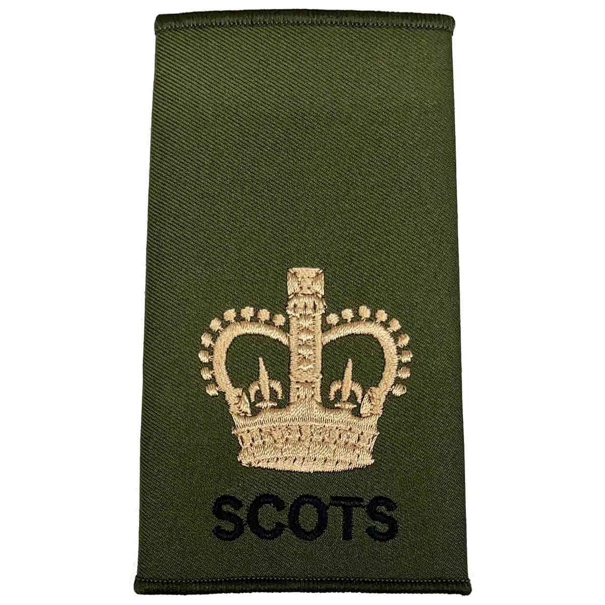 Royal Regiment of Scotland olive rank slide with large gold crown embroidery and 'SCOTS' text for officer ranks.