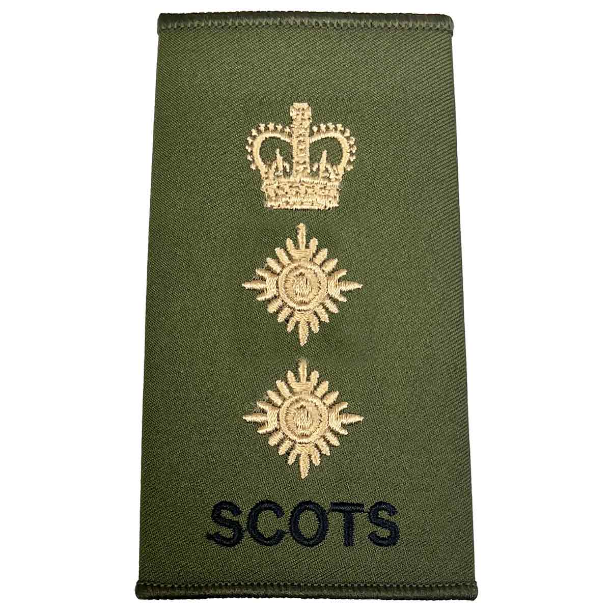 Royal Regiment of Scotland olive rank slide with gold crown above two stars and 'SCOTS' text, denoting Lieutenant Colonel.