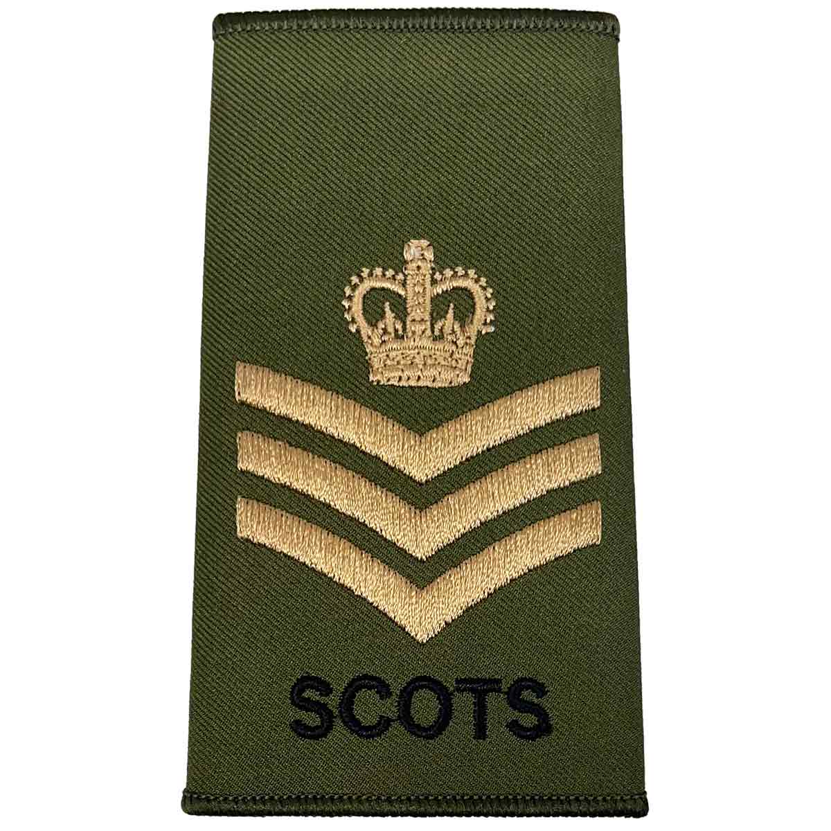 Royal Regiment of Scotland olive rank slide with three chevrons and crown above, embroidered in gold with 'SCOTS' text.