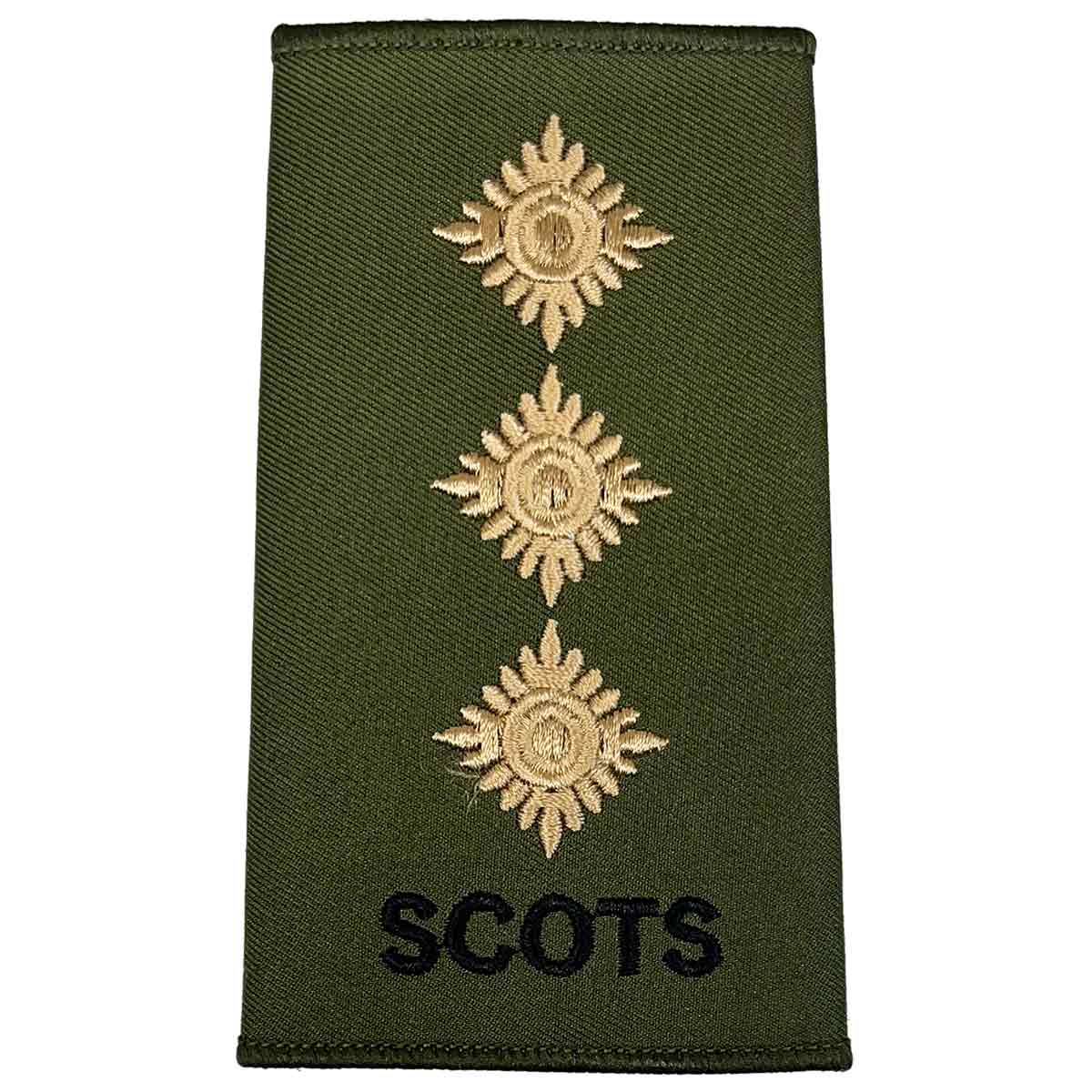 Royal Regiment of Scotland olive rank slide with three gold stars and 'SCOTS' text, indicating Captain rank.