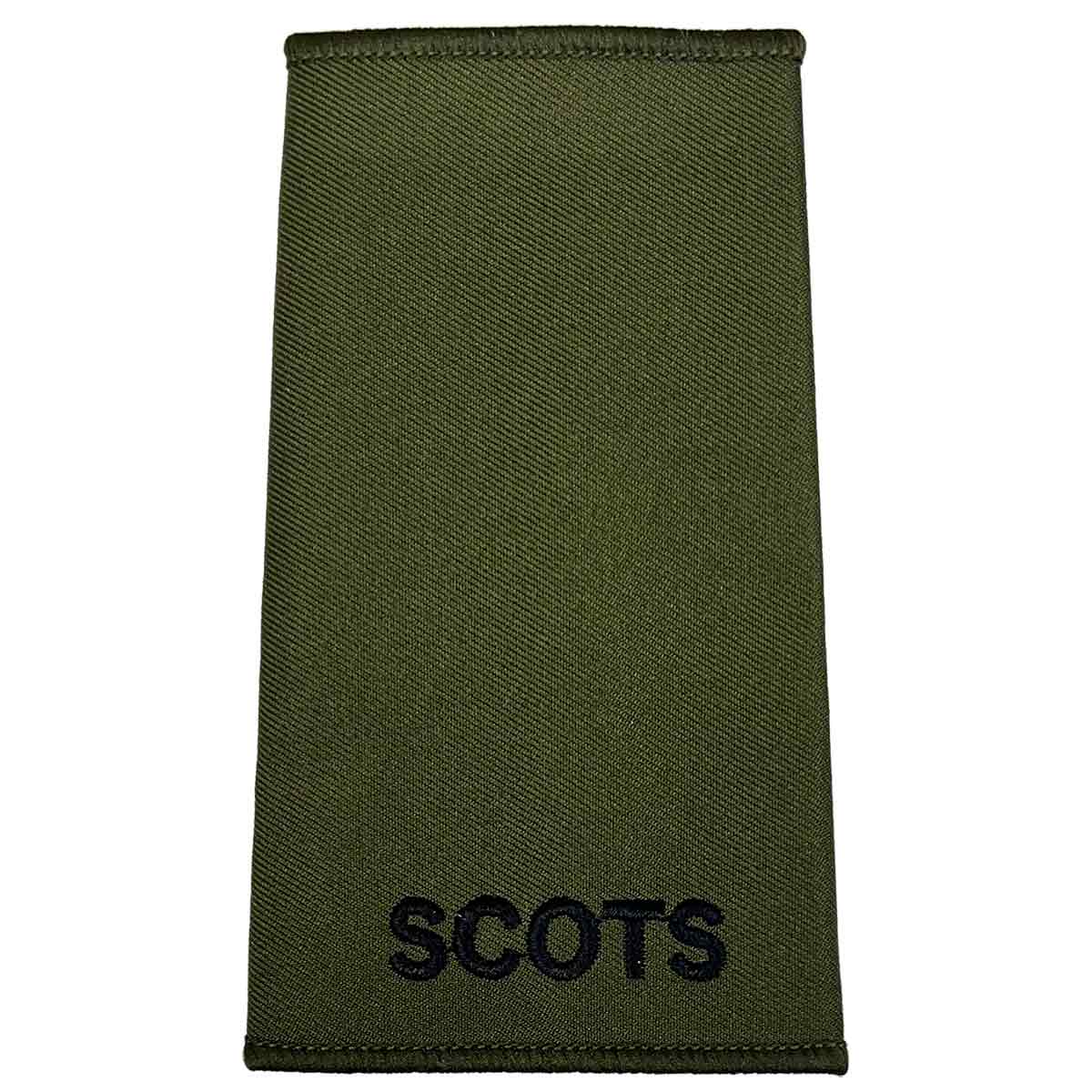 Plain olive green Royal Regiment of Scotland rank slide with black 'SCOTS' text, made from durable Cordura fabric.