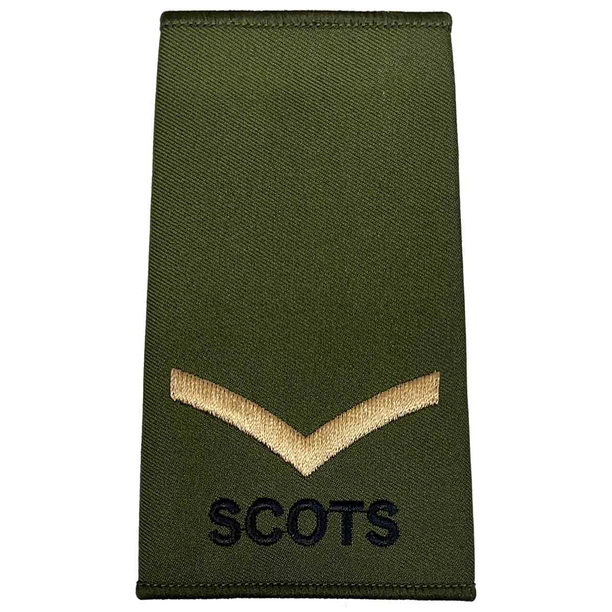 Royal Regiment of Scotland olive rank slide with single gold chevron and 'SCOTS' text, representing Lance Corporal rank.
