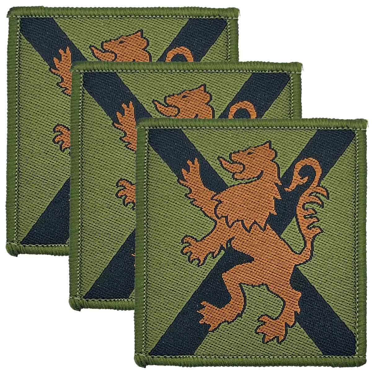 Royal Regiment of Scotland TRF patches in subdued green camo style with hook & loop backing, showing heraldic lion. Set of three military uniform patches.