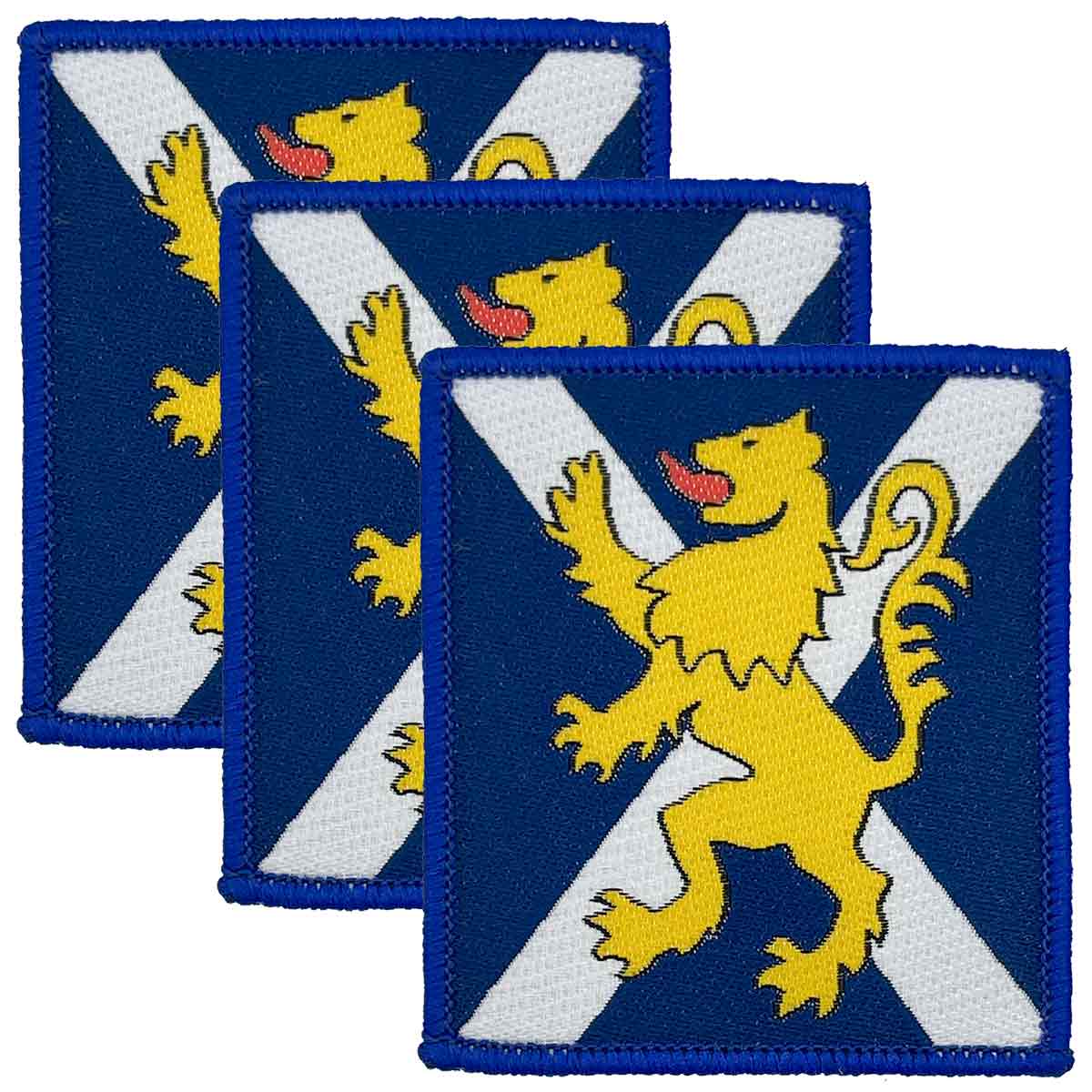 Royal Regiment of Scotland TRF patches with hook & loop backing in blue, featuring Scottish flag and heraldic lion. Sold in a set of three.
