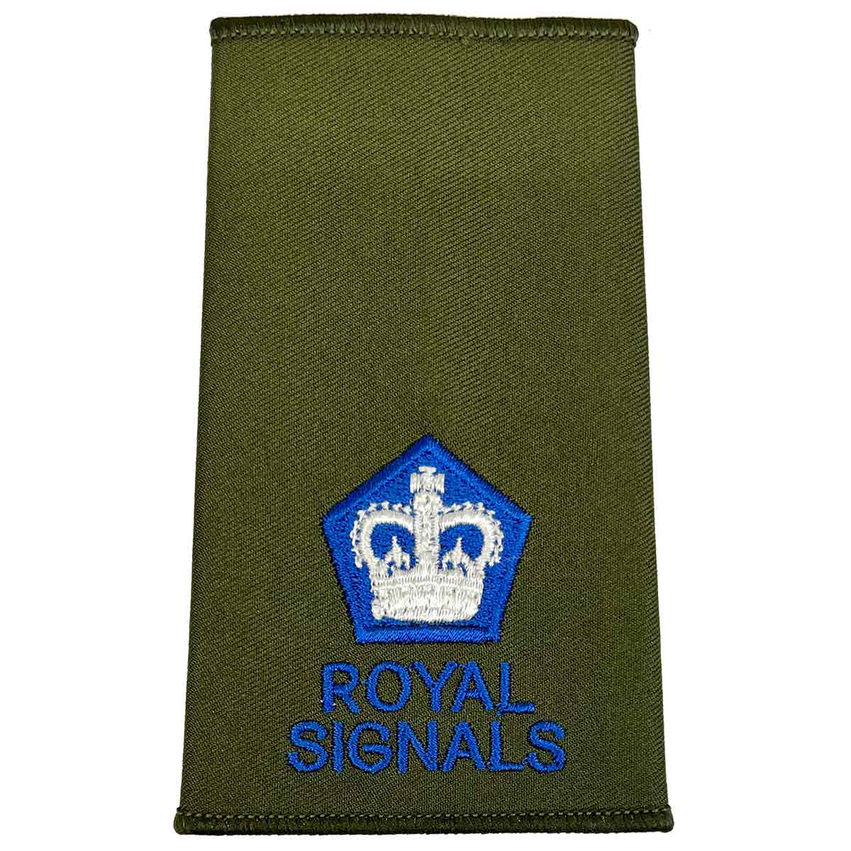 Royal Signals Olive Green Rank Slide with blue pentagon and white crown, denoting Major rank for military dress.