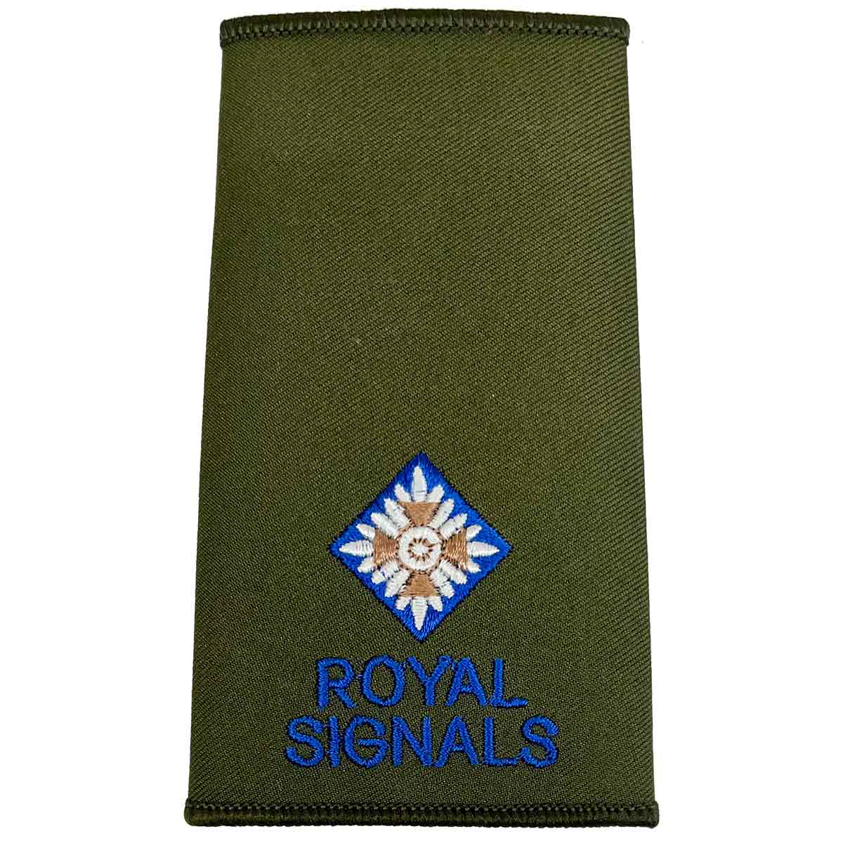 Royal Signals Olive Green Rank Slide with single diamond pip and blue embroidery, representing Second Lieutenant rank.