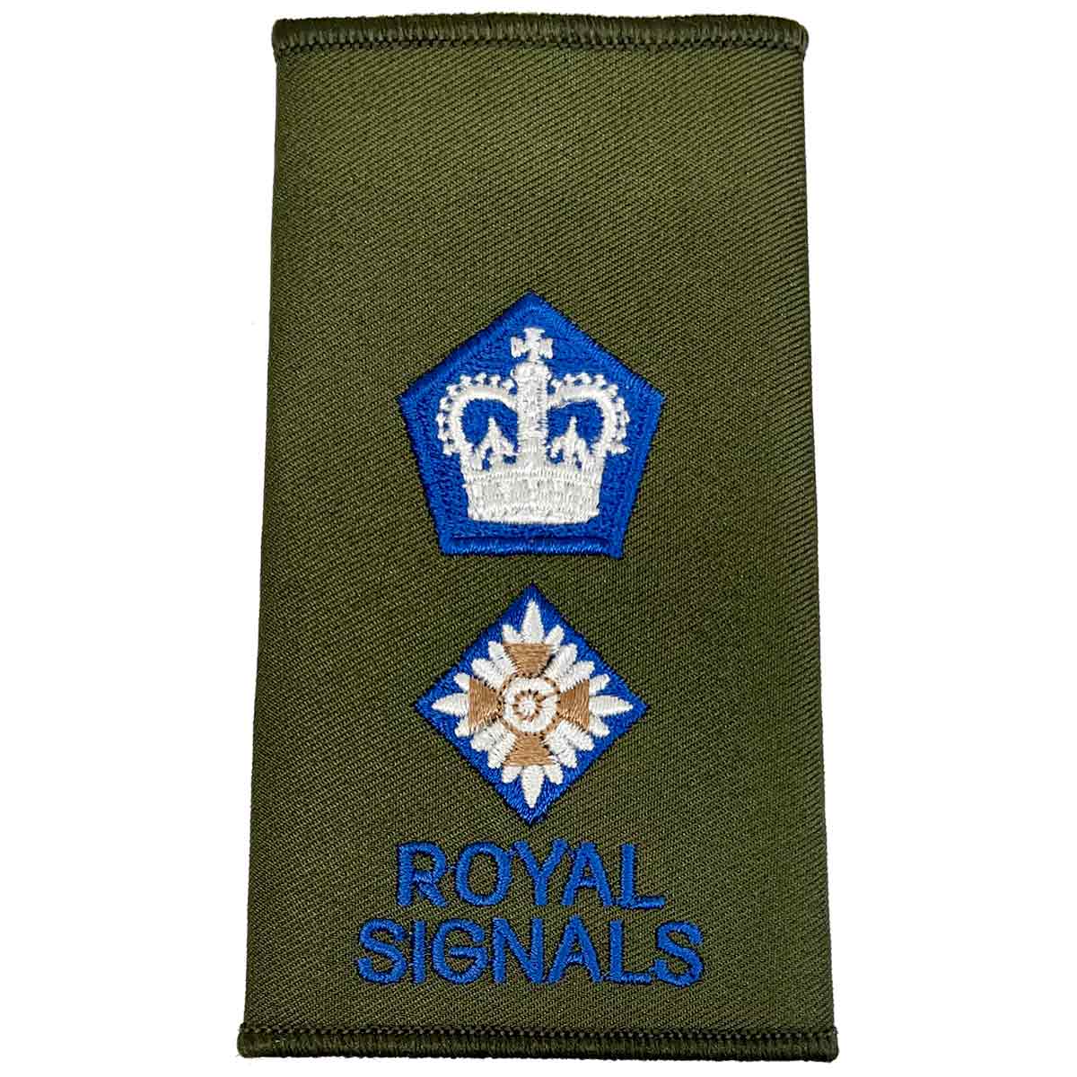 Royal Signals Olive Green Rank Slide with crown and single pip, denoting Colonel rank in military dress.