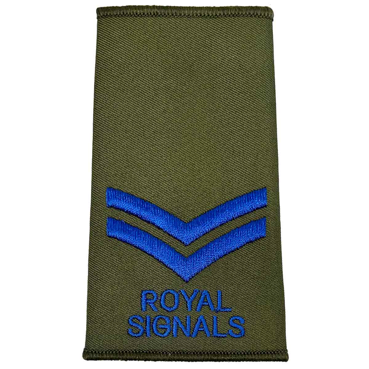 Royal Signals Olive Green Rank Slide with two blue chevrons, indicating Corporal rank, made for military uniform use.