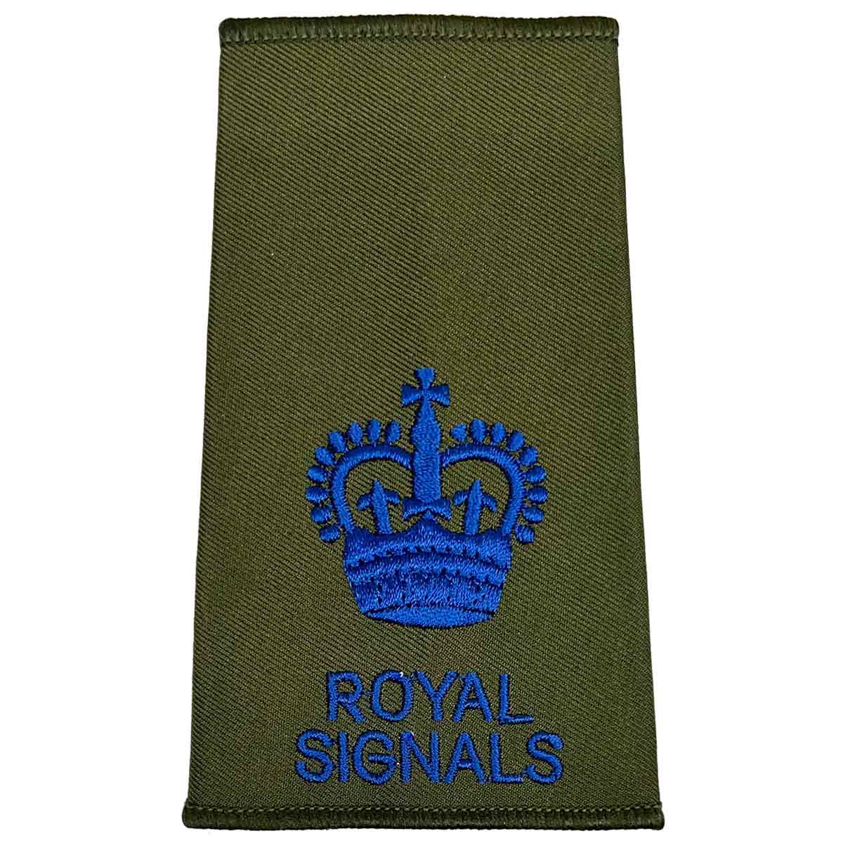 Royal Signals Olive Green Rank Slide with blue embroidered crown, signifying Warrant Officer Class 2 rank in military dress.