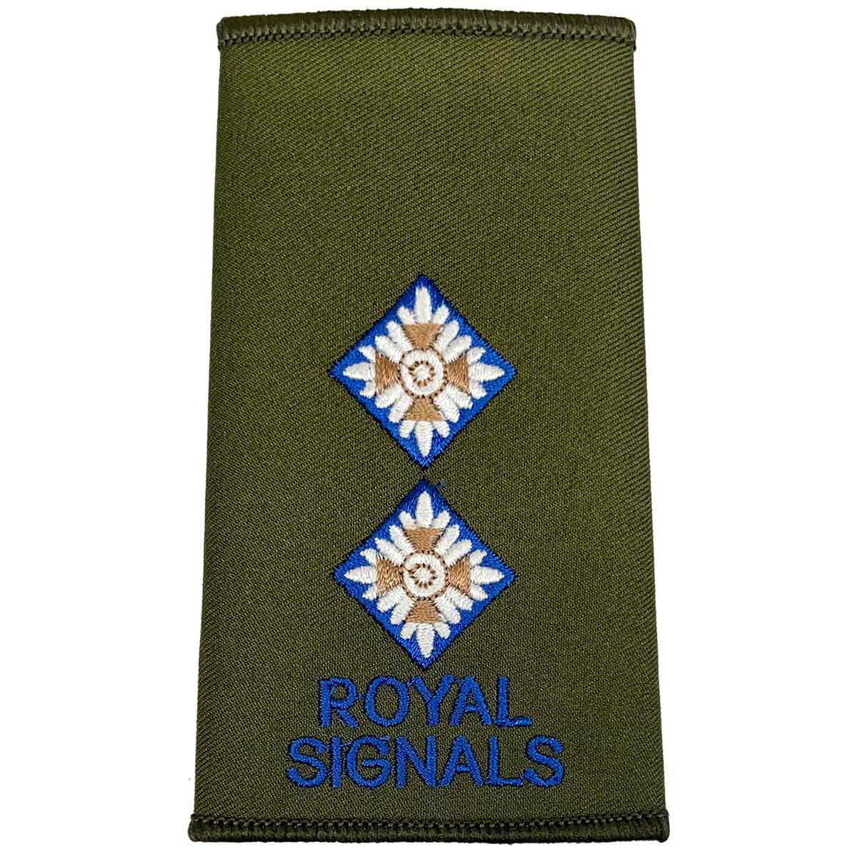 Royal Signals Olive Green Rank Slide with two diamond pips and blue embroidery, representing Lieutenant rank.