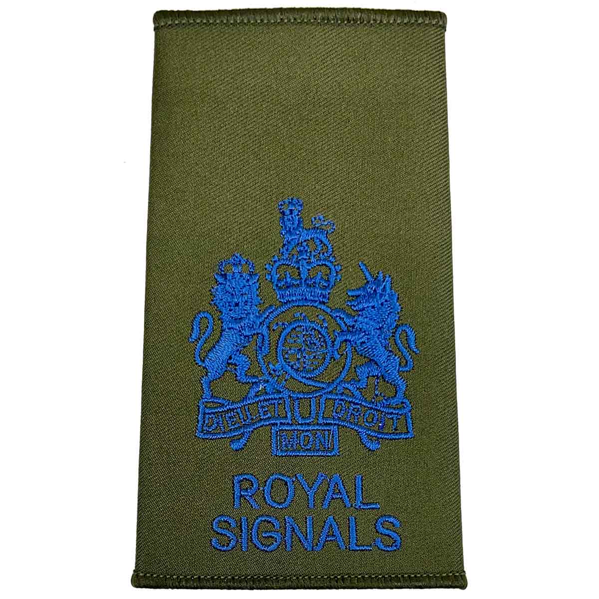 Royal Signals Olive Green Rank Slide with full royal coat of arms in blue embroidery, used for senior military ranks.