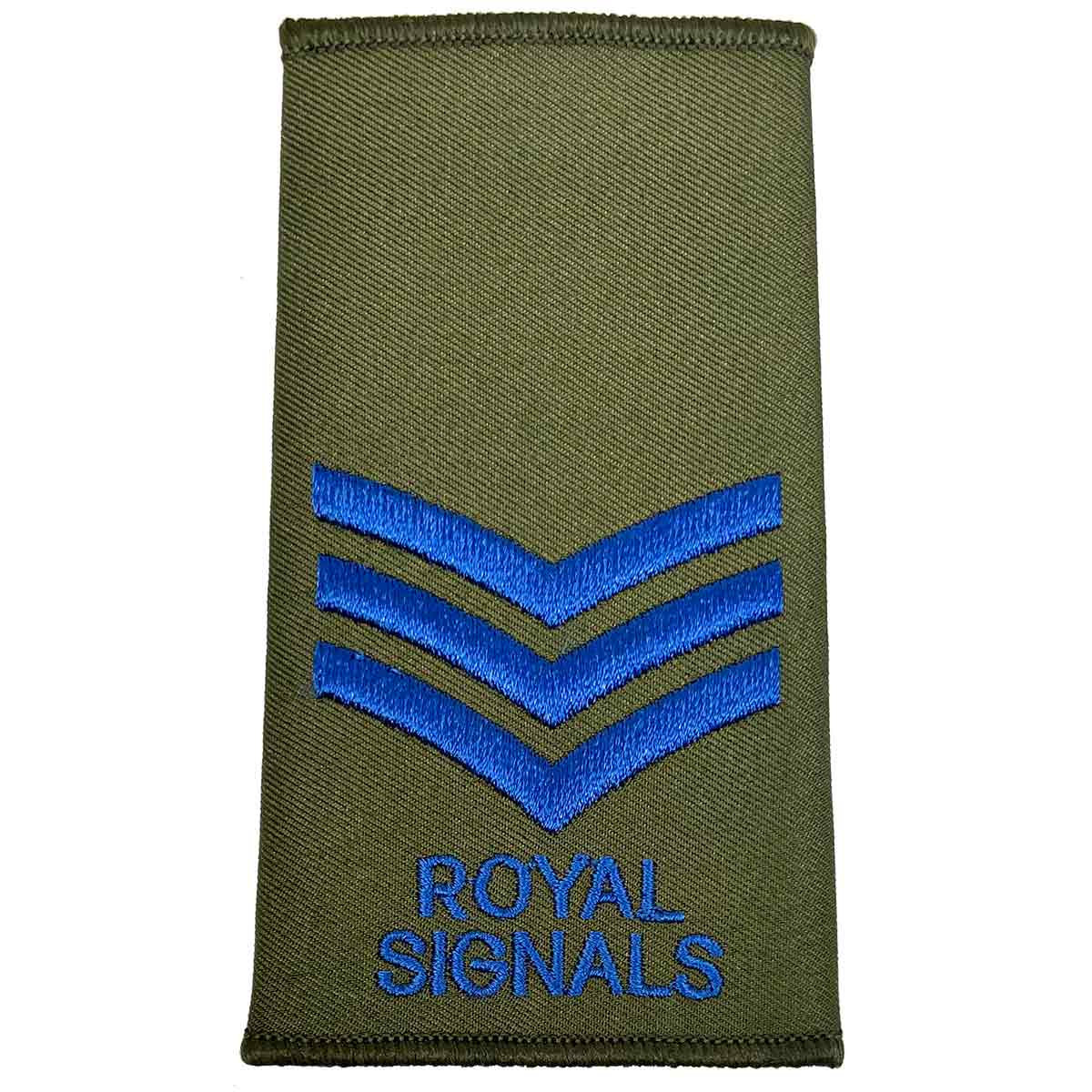Royal Signals Olive Green Rank Slide with three blue chevrons, denoting Sergeant rank, crafted for military apparel.