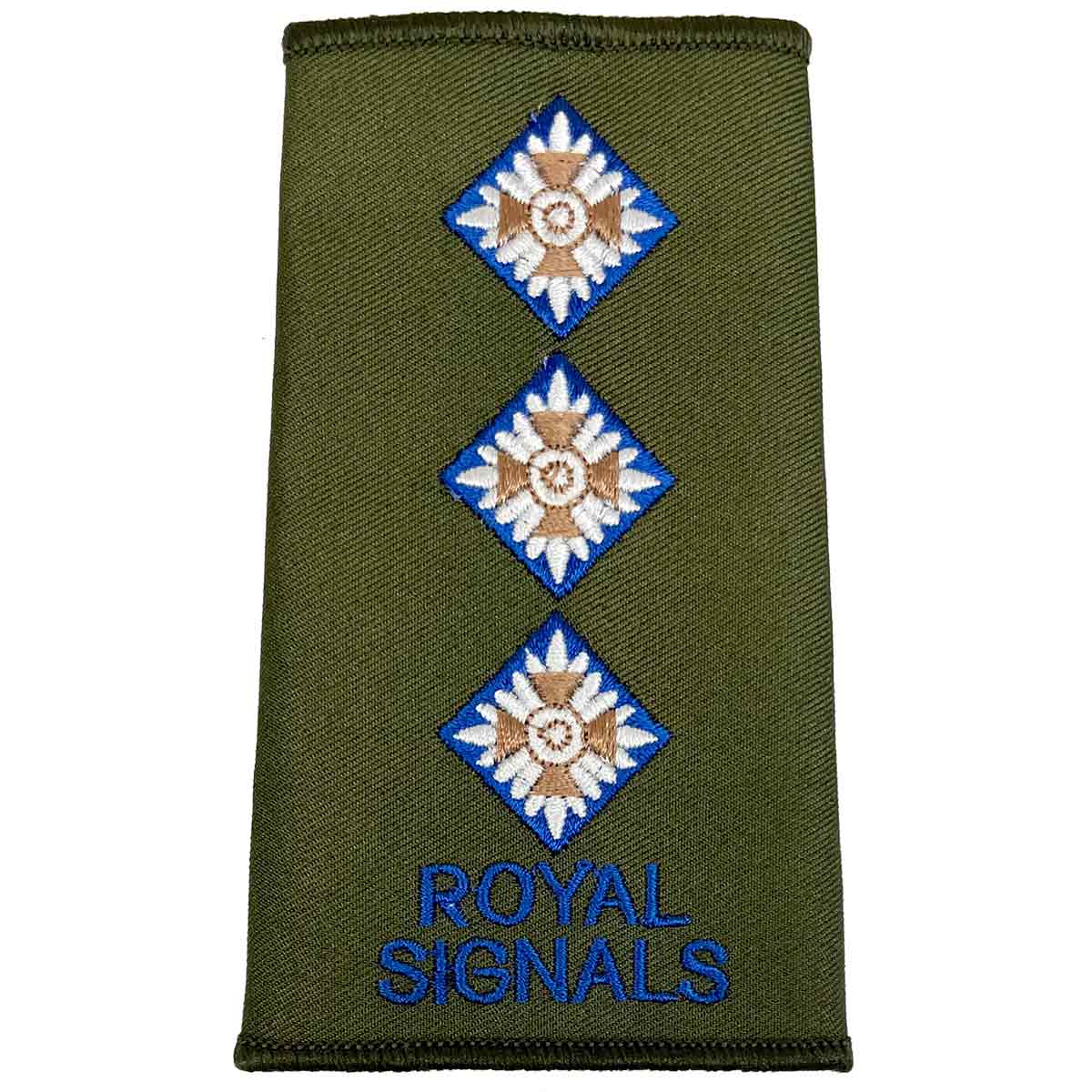 Royal Signals Olive Green Rank Slide with three diamond pips and blue text, indicating Captain rank in military uniforms.