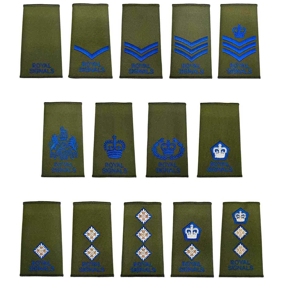 Full set of Royal Signals Rank Slides Olive Green (Pair) with blue embroidered insignia for various military ranks, ideal for uniform display.