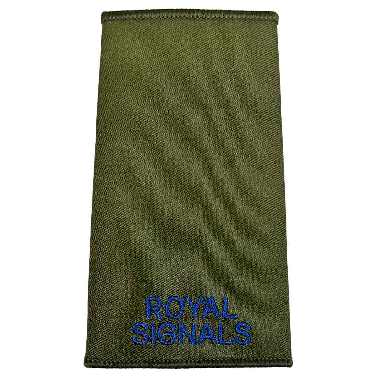 Royal Signals Rank Slide Olive Green with blue embroidered text, suitable for military uniforms and made from durable Cordura fabric.