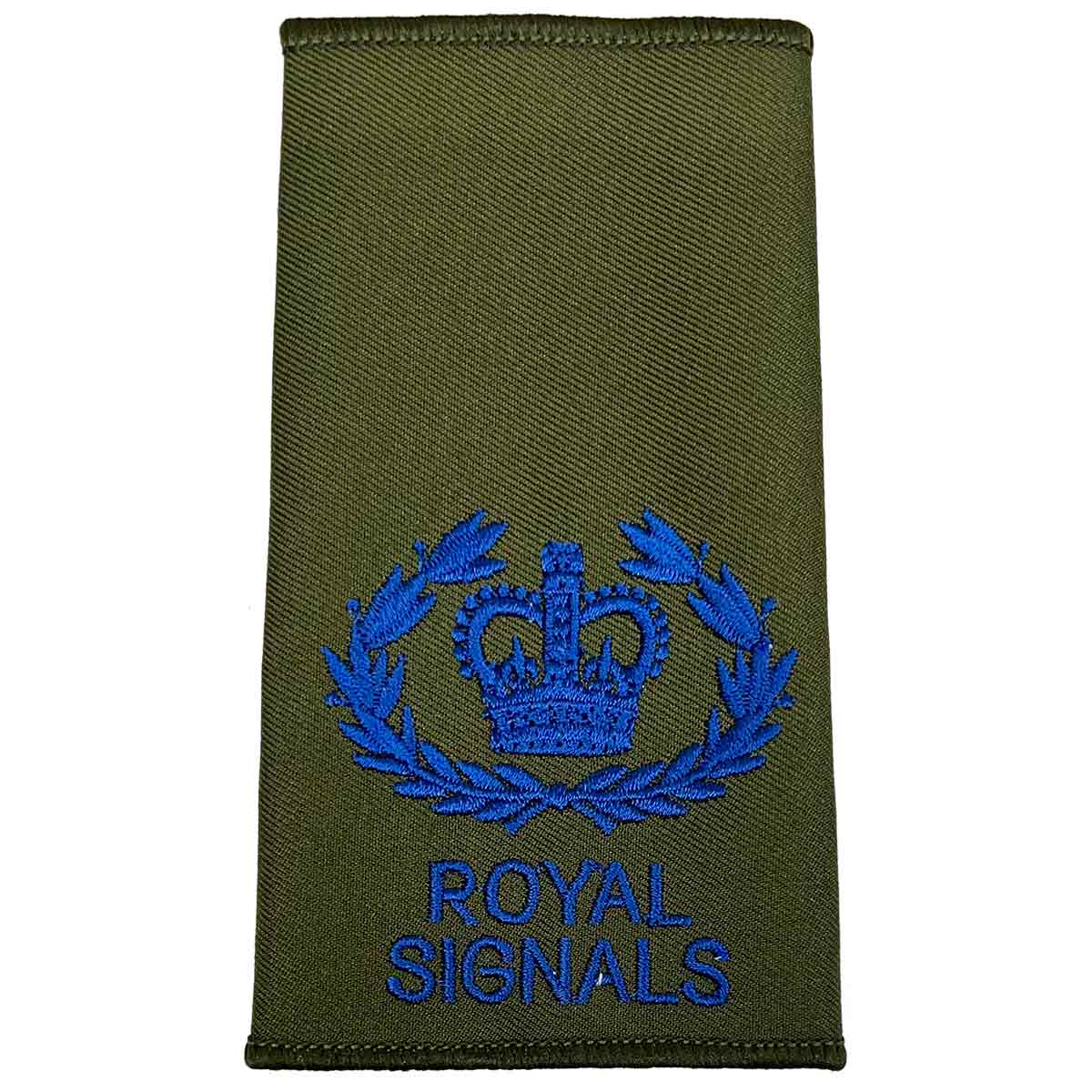 Royal Signals Olive Green Rank Slide with laurel and crown in blue embroidery, representing Warrant Officer Class 1 rank.