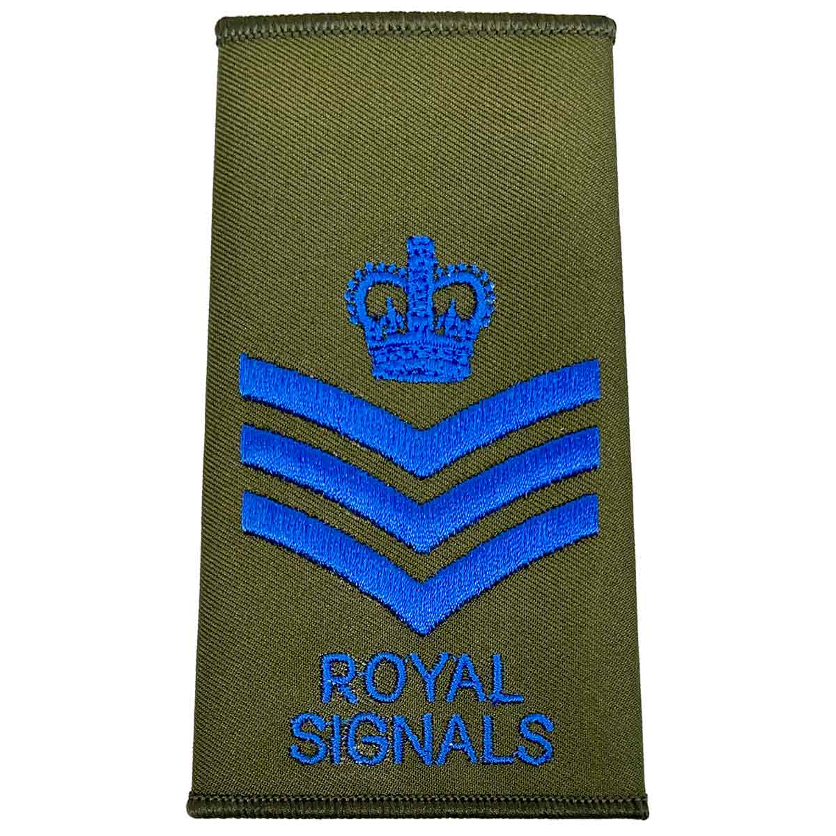 Royal Signals Olive Green Rank Slide with crown and three chevrons in blue, representing Staff Sergeant rank for military uniforms.