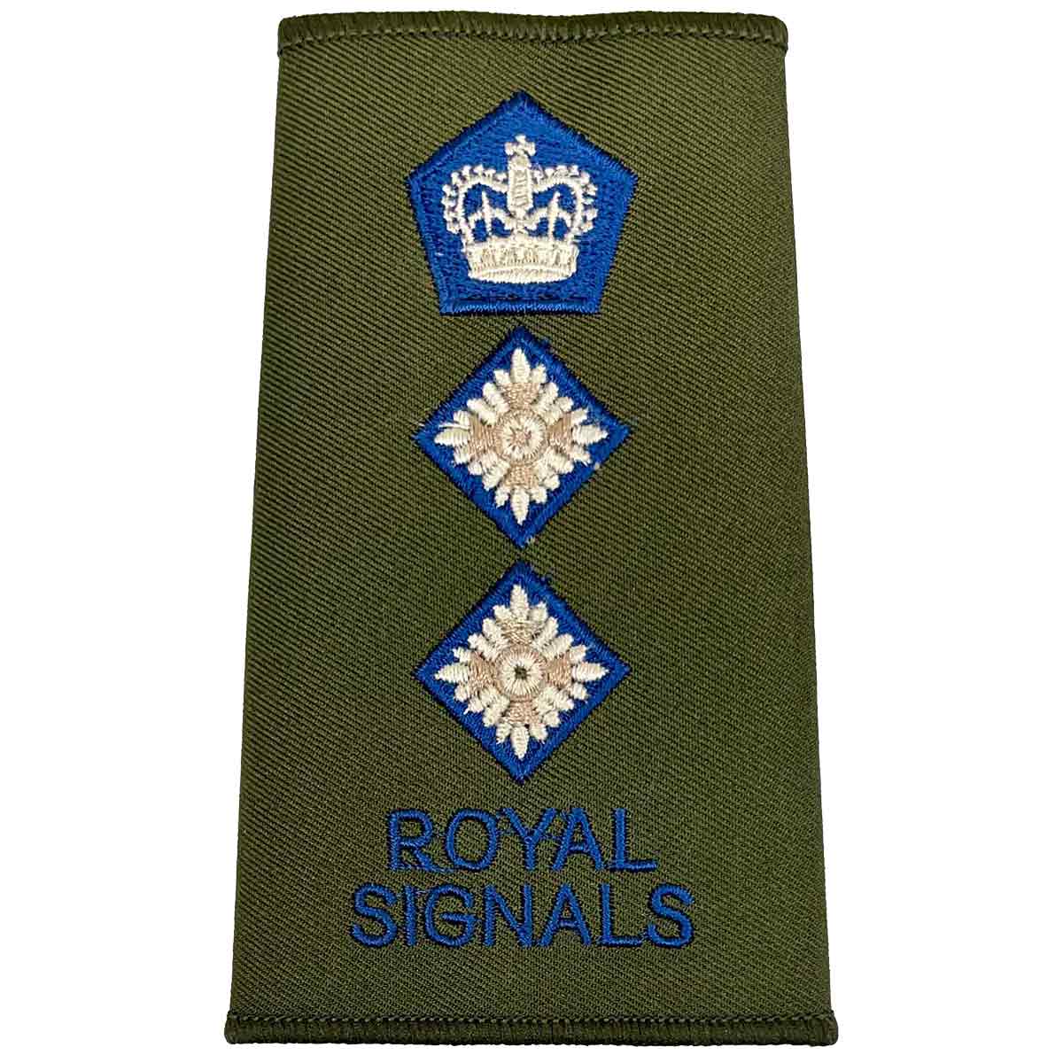 Royal Signals Olive Green Rank Slide with two diamond pips and crown, indicating Lieutenant Colonel rank in military uniforms.
