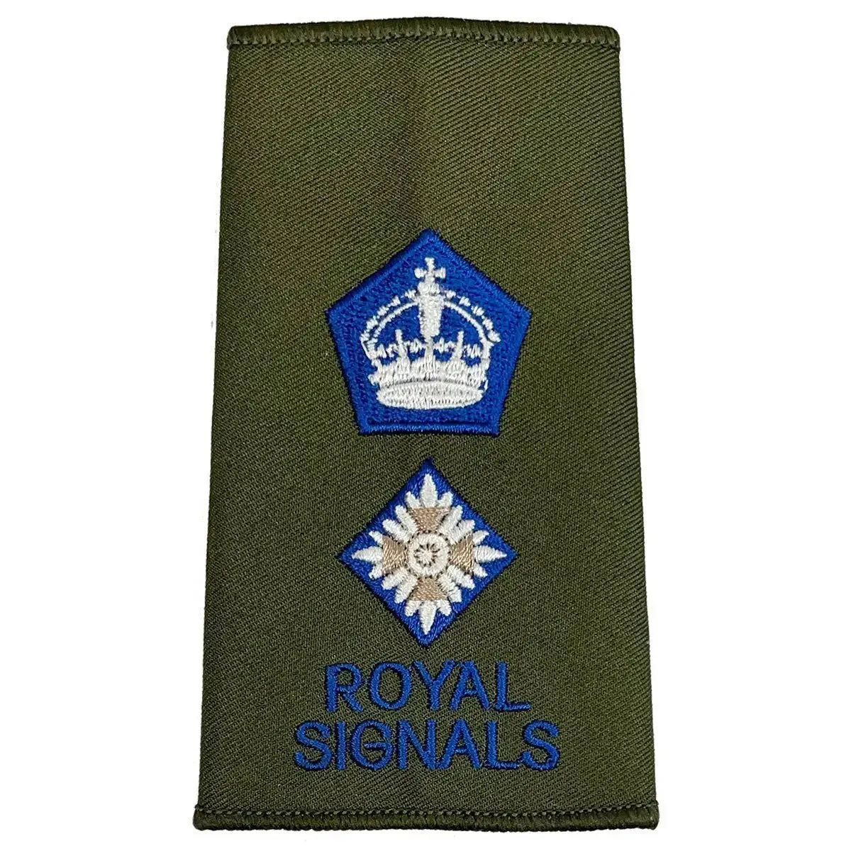 Royal Signals Olive Green Rank Slide with pentagon and crown above a pip, representing Brigadier rank in military apparel.