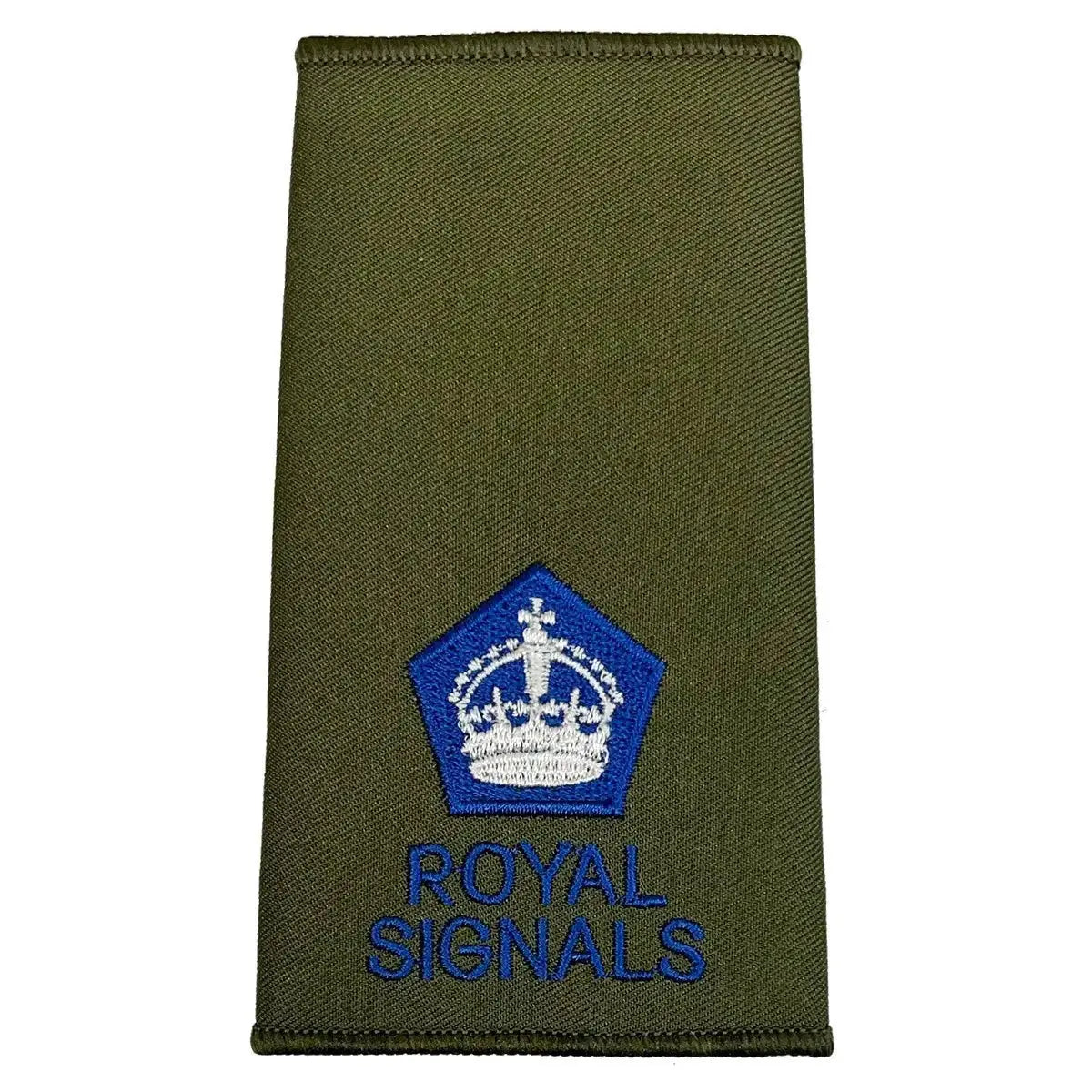 Royal Signals Olive Green Rank Slide with white crown in blue pentagon, indicating General rank for military uniforms.