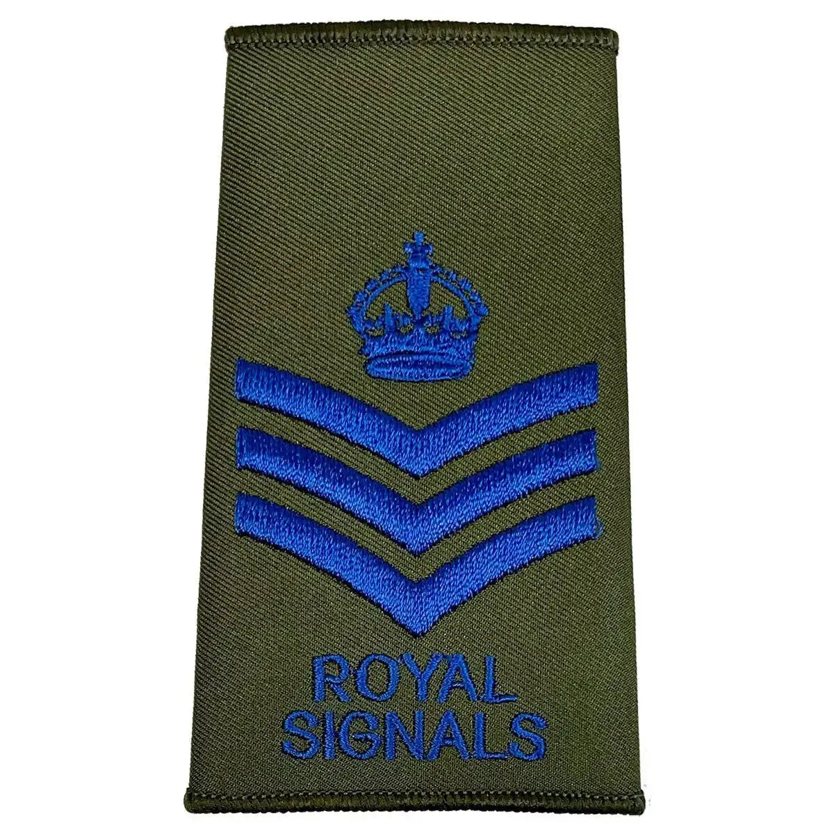 Royal Signals Olive Green Rank Slide with crown and three chevrons in blue, representing Colour Sergeant rank.