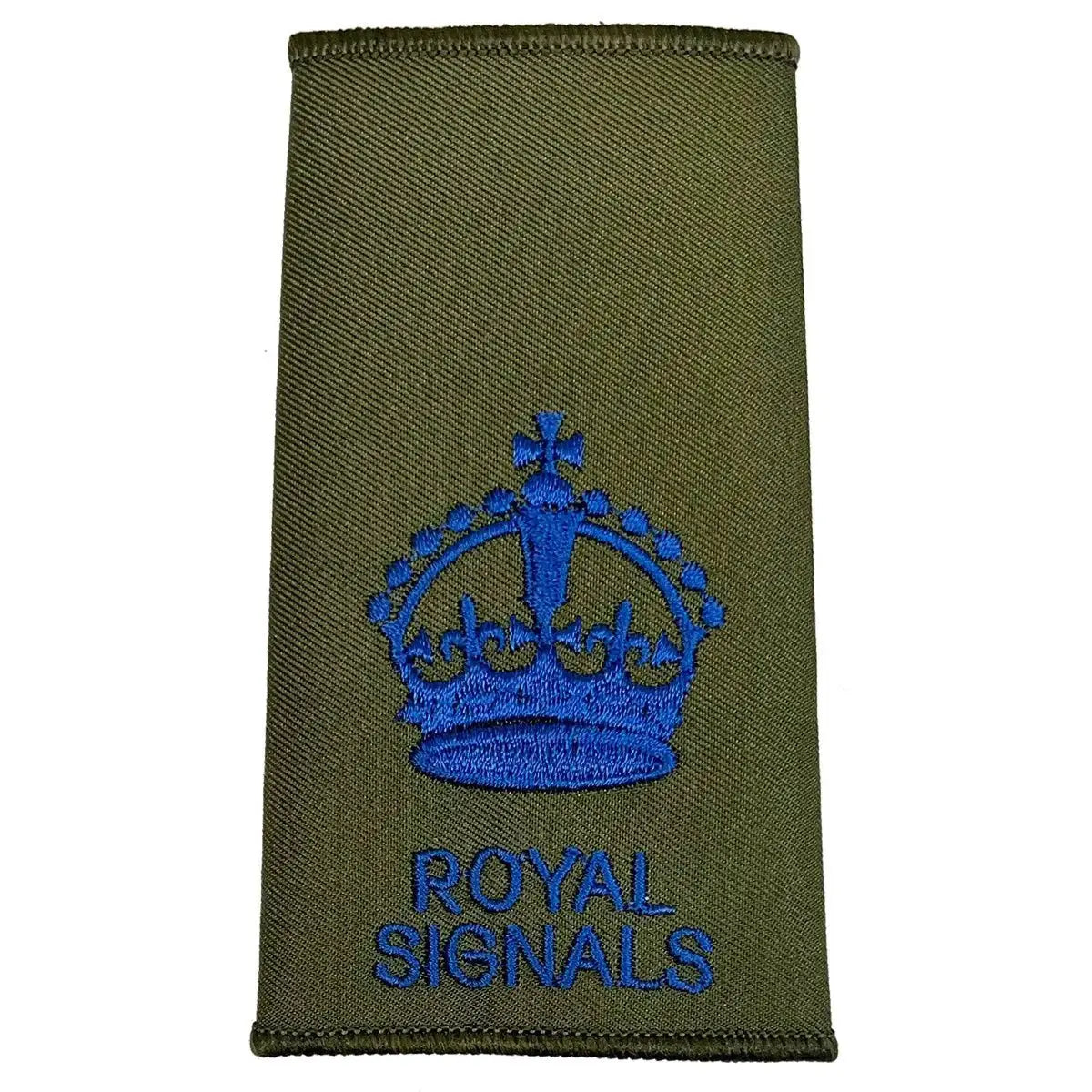 Royal Signals Olive Green Rank Slide with blue crown embroidery, suitable for senior non-commissioned military ranks.