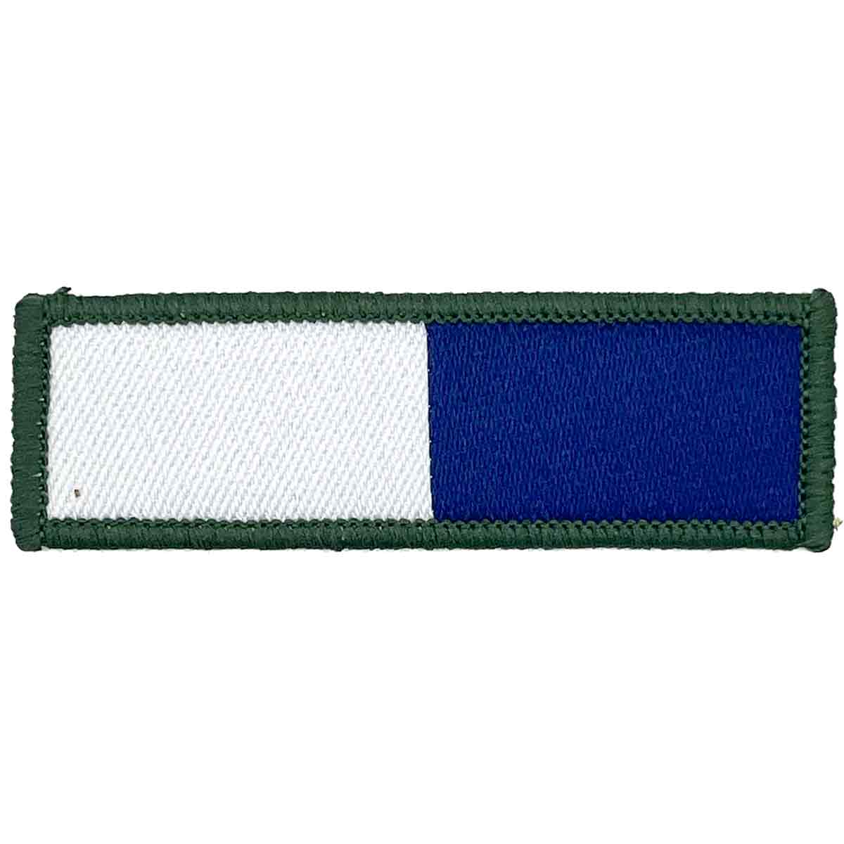 Single Royal Signals TRF patch in blue and white with green trim, Mod approved for Royal Signals Regiment uniforms, 6.5 x 2cm size.