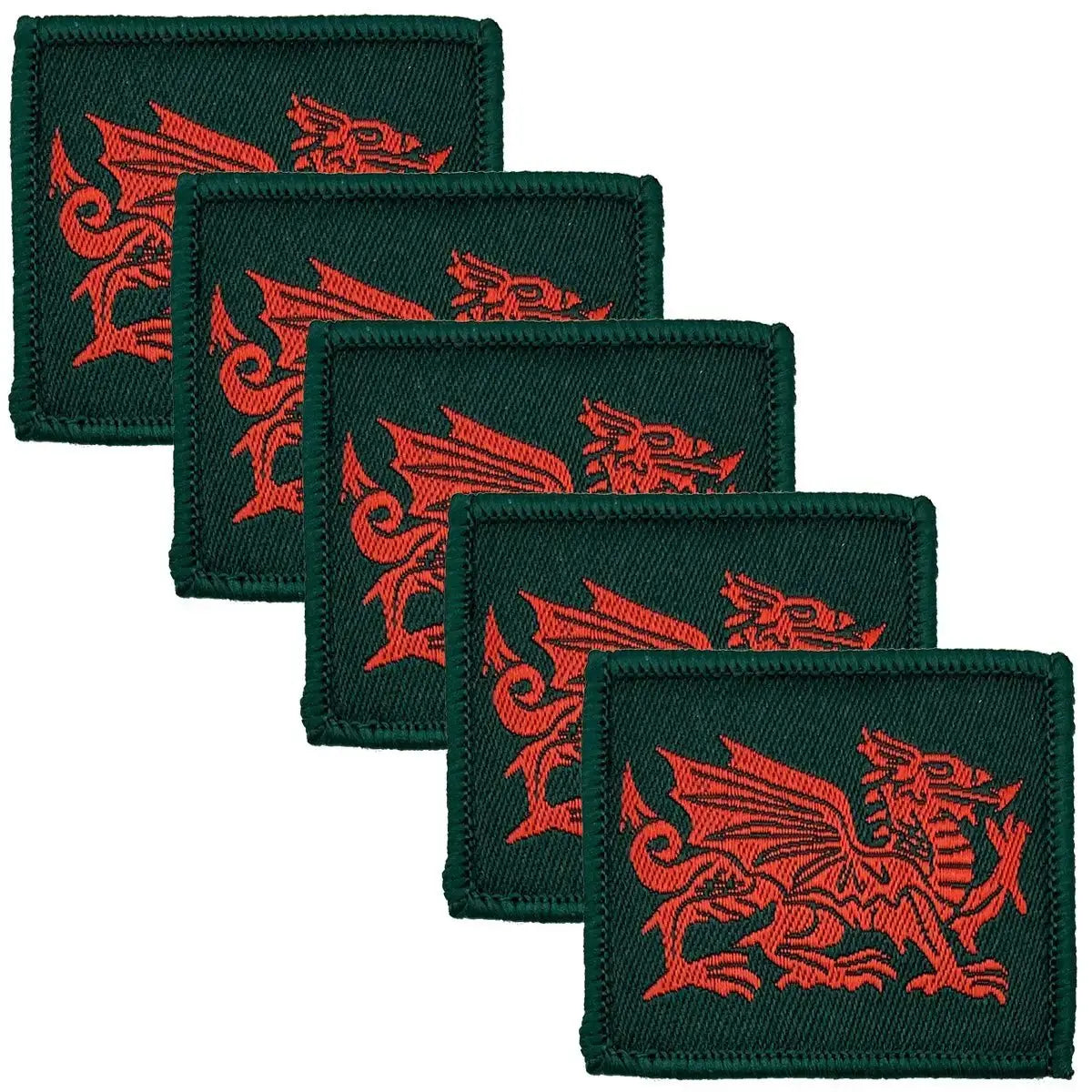 Pack of five Royal Welsh TRF iron or sew on patches with red dragon motif, ideal for military uniforms, available at John Bulls.